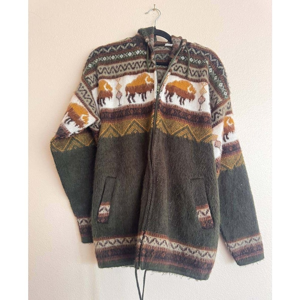 Vintage Galapagos Bison Alpaca Blend Knit Zip Cardigan XL Green Boho Gorpcore